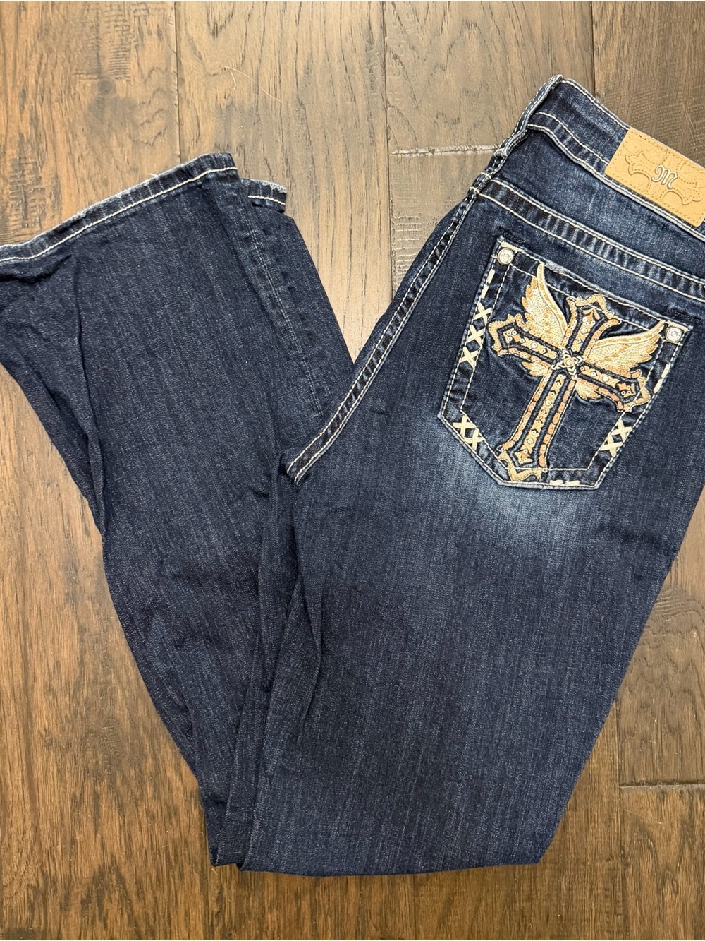 Miss Me Dark Blue Boot Cut Jeans with Embroidered Cross Pocket